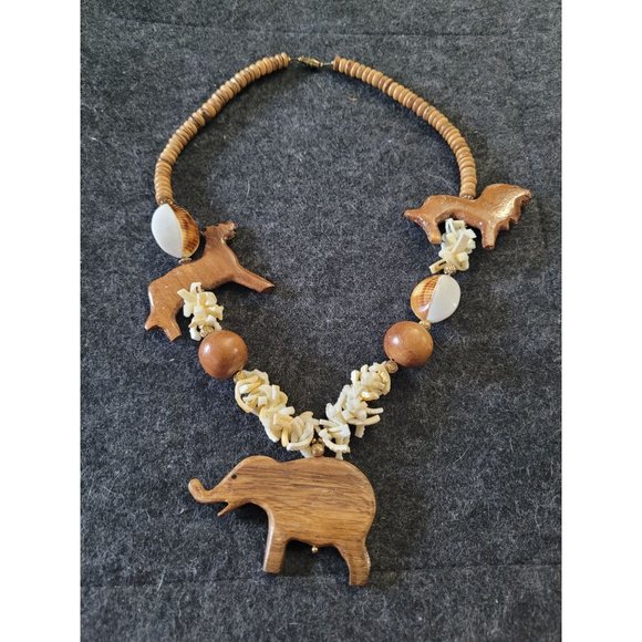Vintage Carved Animal Wooden Beaded Statement Necklace - Picture 1 of 3